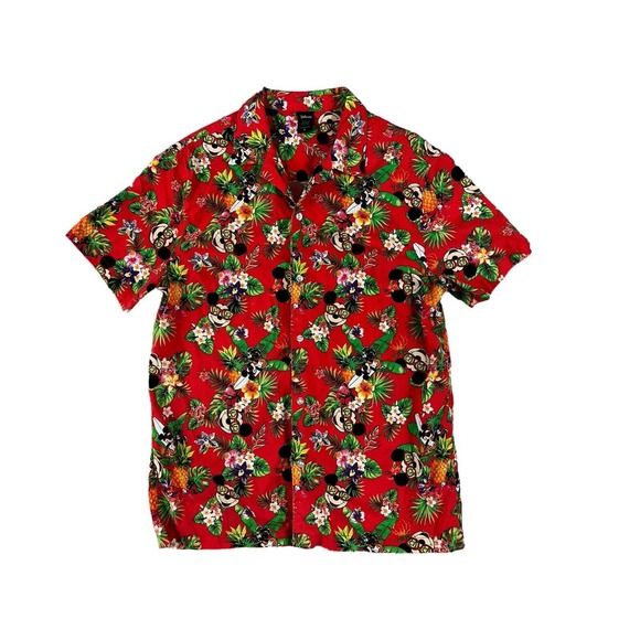 Mickey Mouse Shirt Men‎ L Red Hawaiian Floral Beach Short Sleeve Button Up - Picture 1 of 7